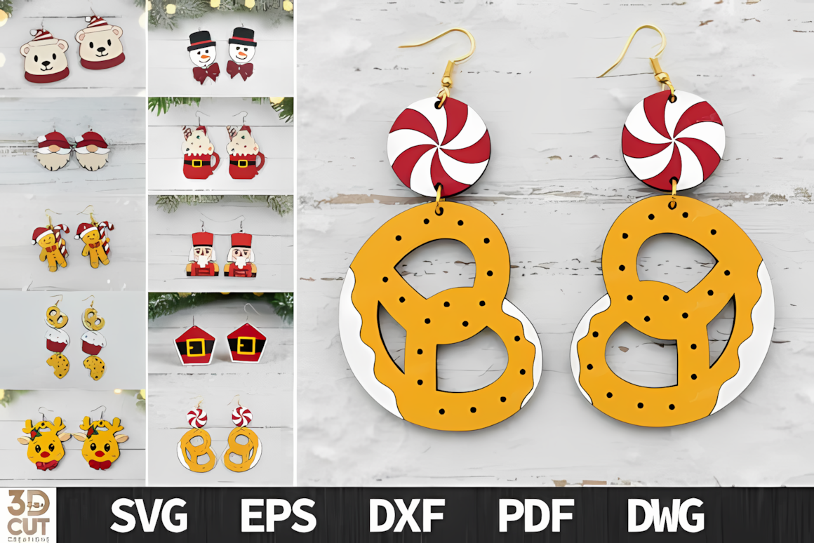 Cute christmas earring svg bundle featuring holiday characters and festive shapes