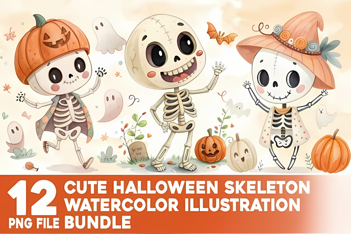 Cute halloween skeleton clipart watercolor illustration for kids printables