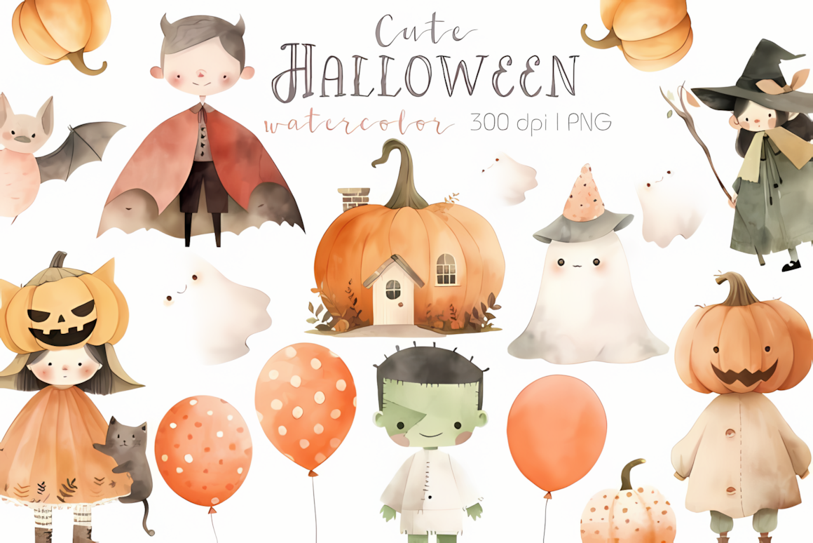 cute watercolor halloween clipart illustration set
