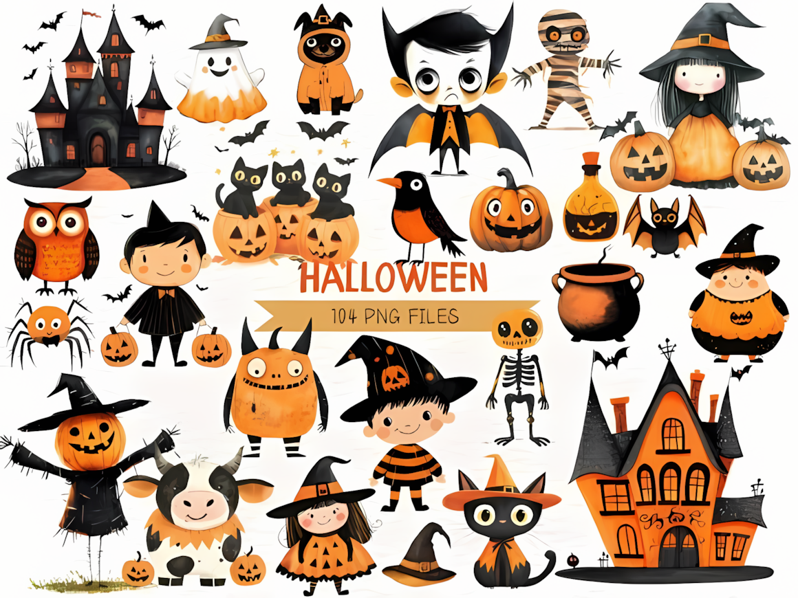 cute watercolor halloween clipart elements for craft patterns