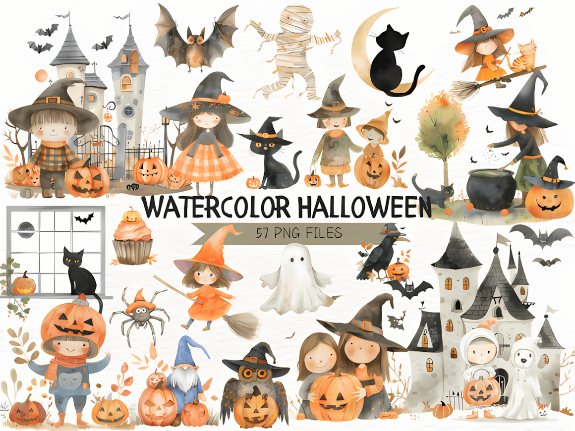cute watercolor halloween clipart bundle for scrapbooking