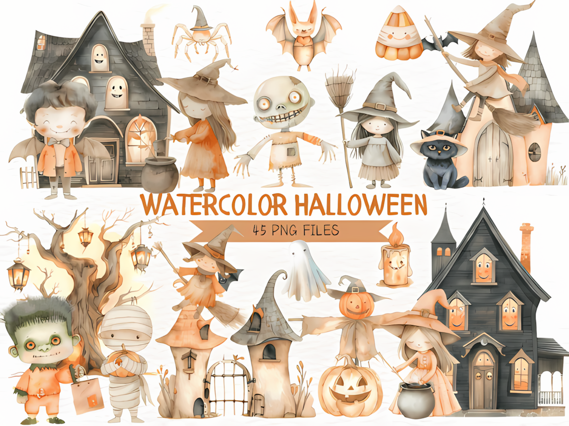 cute watercolor halloween clipart pack for planner stickers