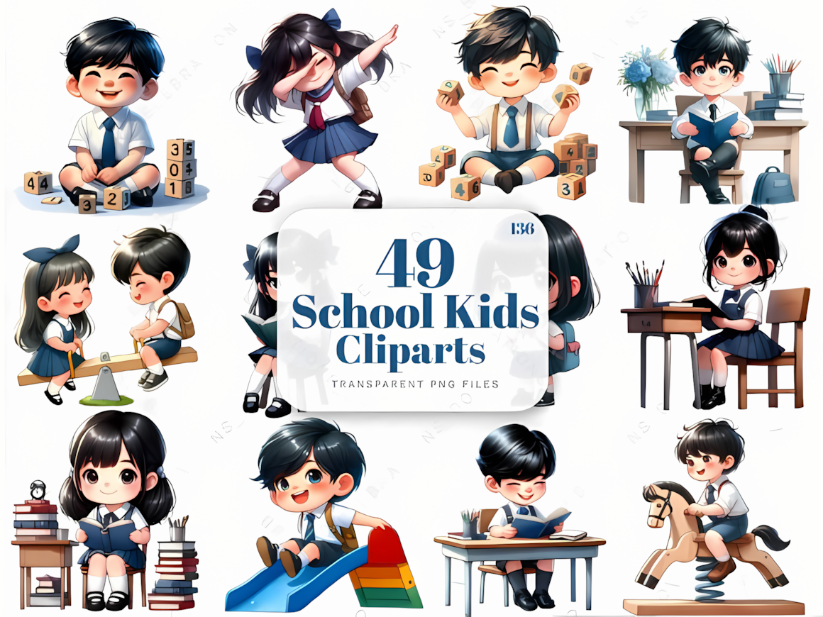 Cute school children PNG clipart collection featuring group of elementary students