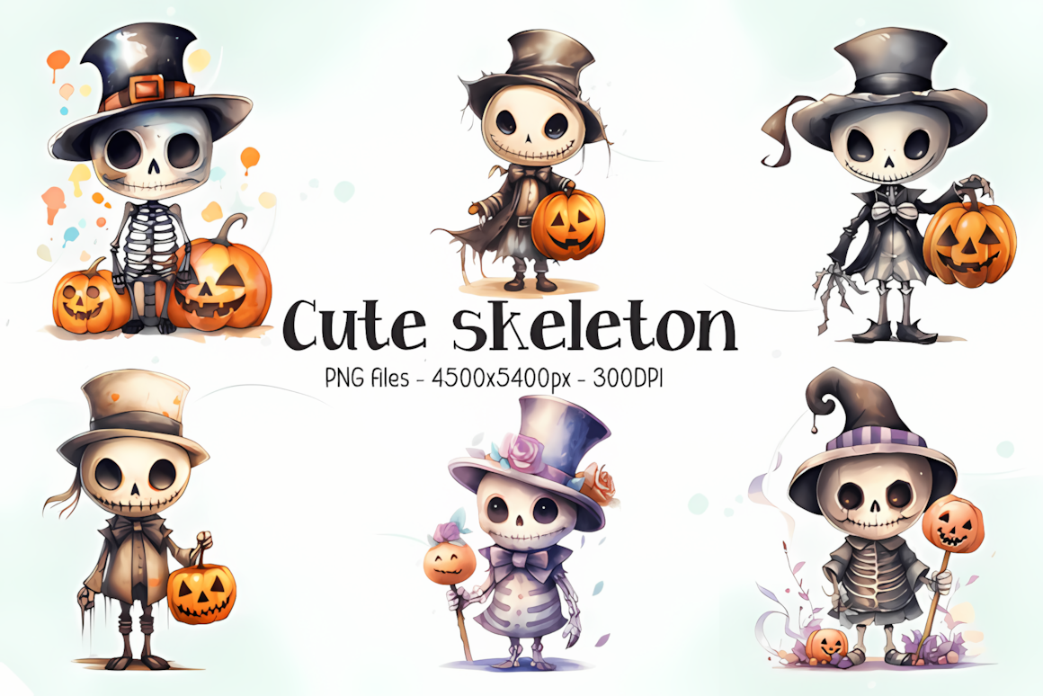 Cute halloween skeleton clipart set with friendly smiling bone characters