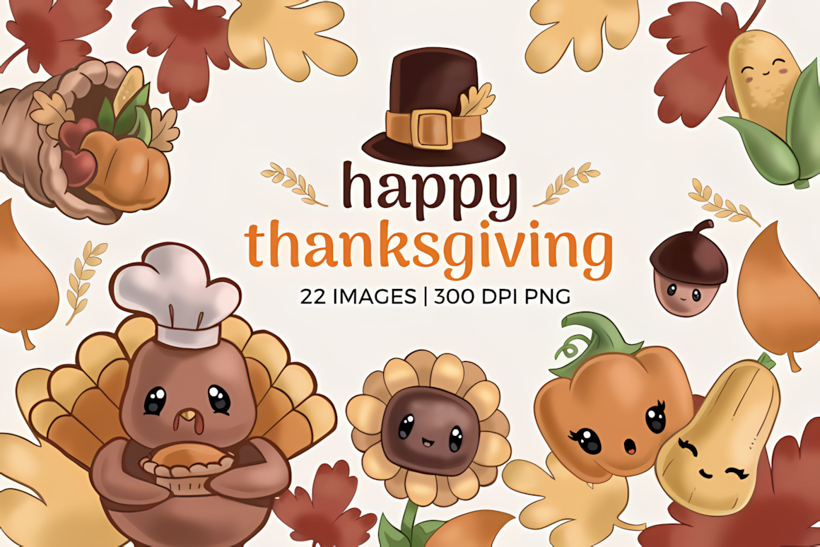 Sweet autumn animals and pumpkin graphics from a cute thanksgiving clipart set.