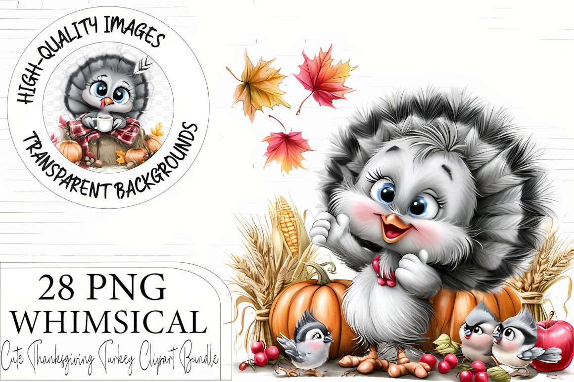 Set of adorable cartoon turkeys from a cute thanksgiving turkey clipart bundle.