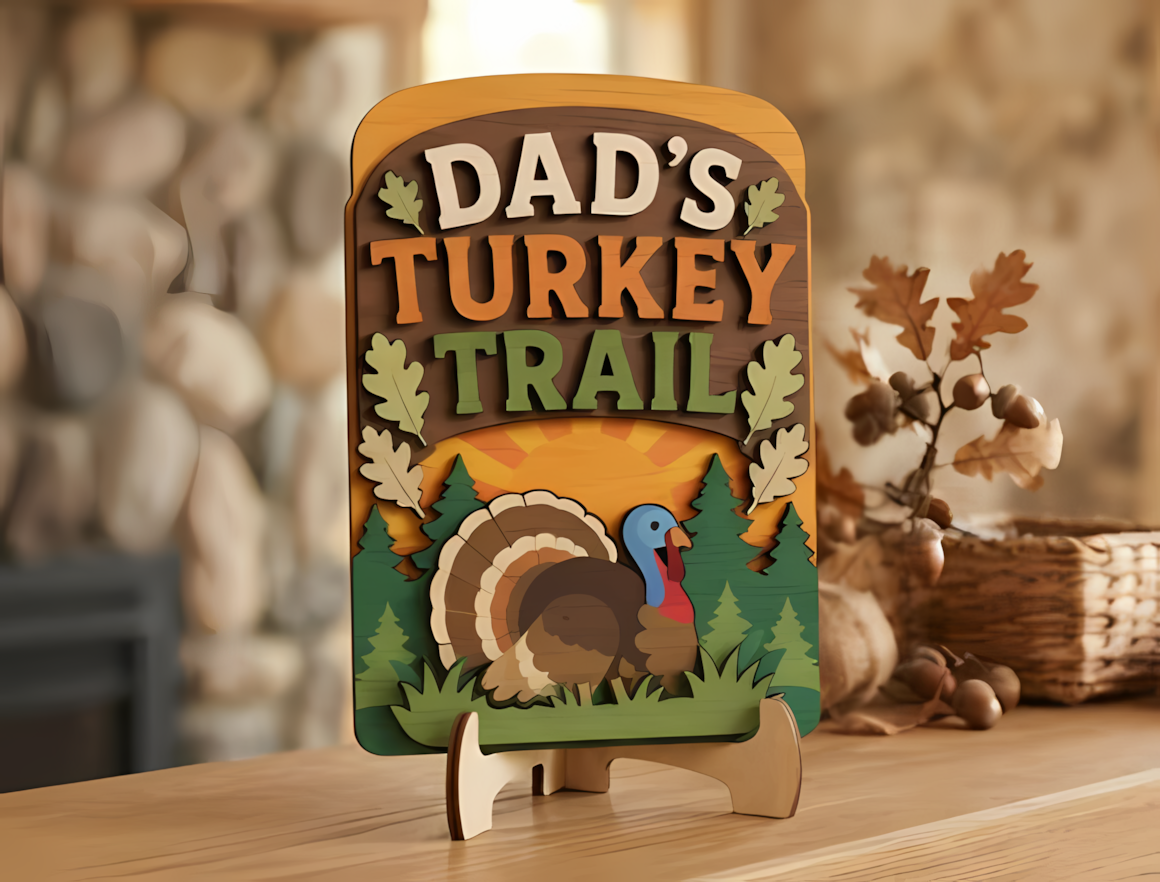 Customizable family name turkey trail sign with individual personalized feather slots