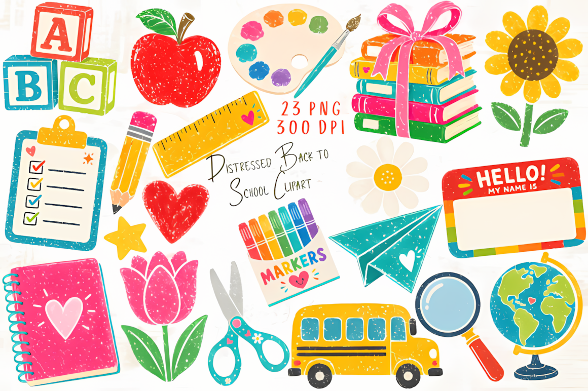 Distressed back to school clipart with vintage worn texture and apple design