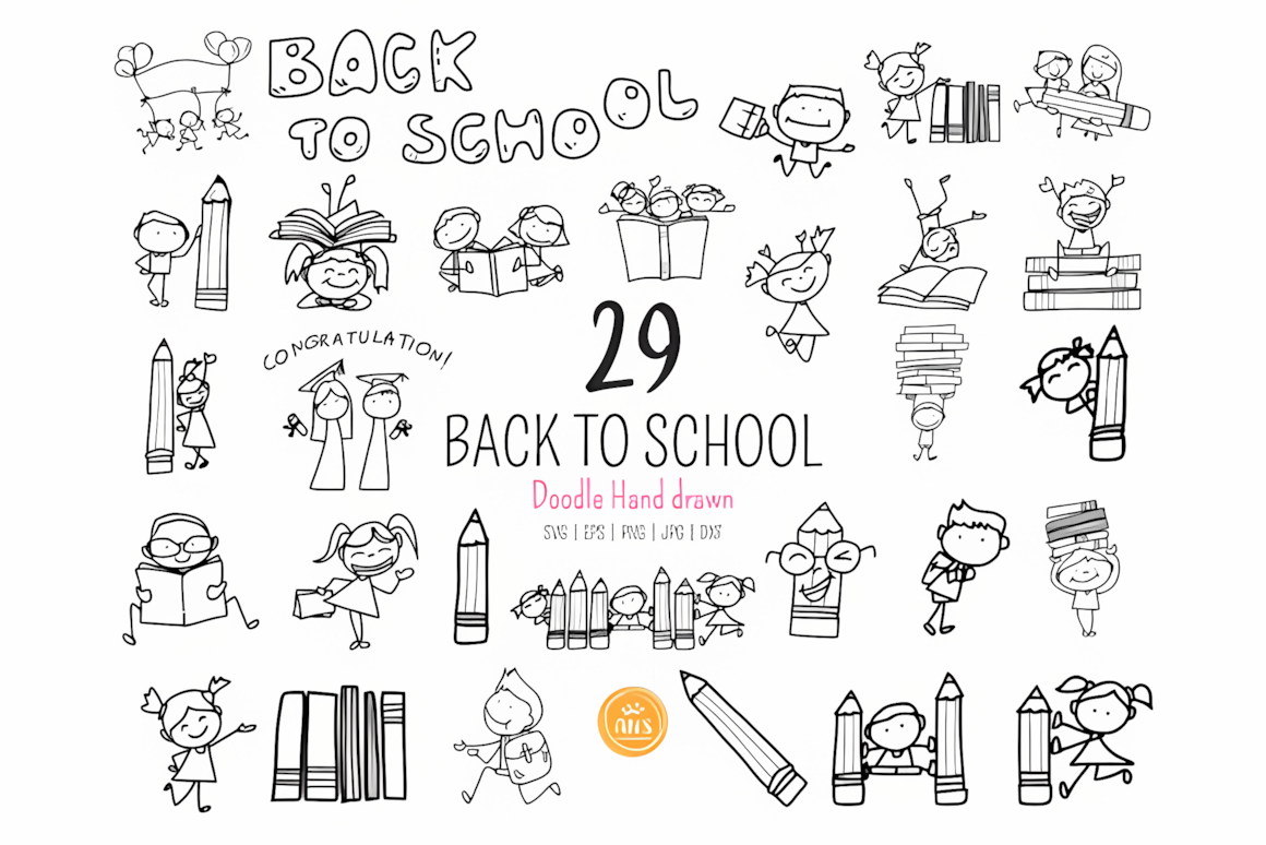 Hand-drawn doodle back to school kid SVG cut file featuring cheerful stick-figure students