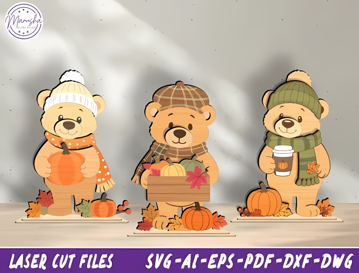 Cozy forest bear holding a maple leaf, designed as a free-standing wooden figurine