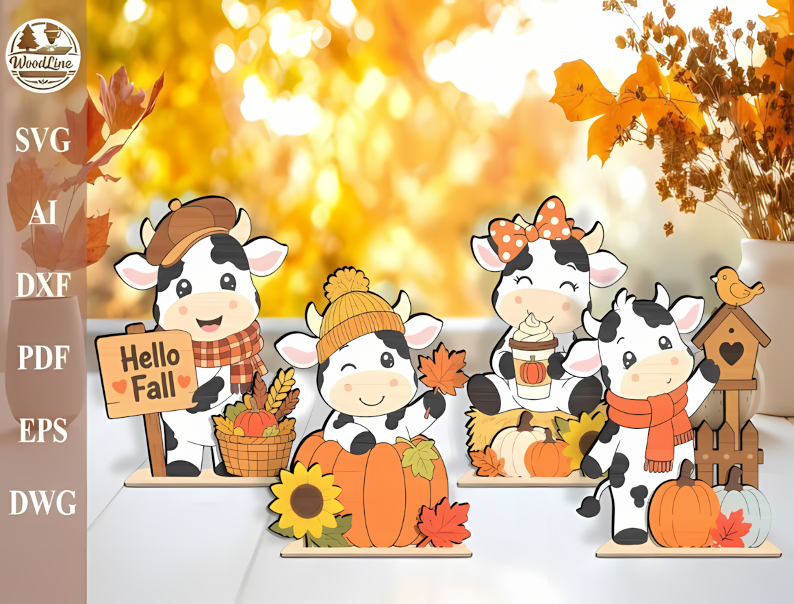 Cute farm cow silhouette with maple leaf collar cut from dual-tone painted laser wood