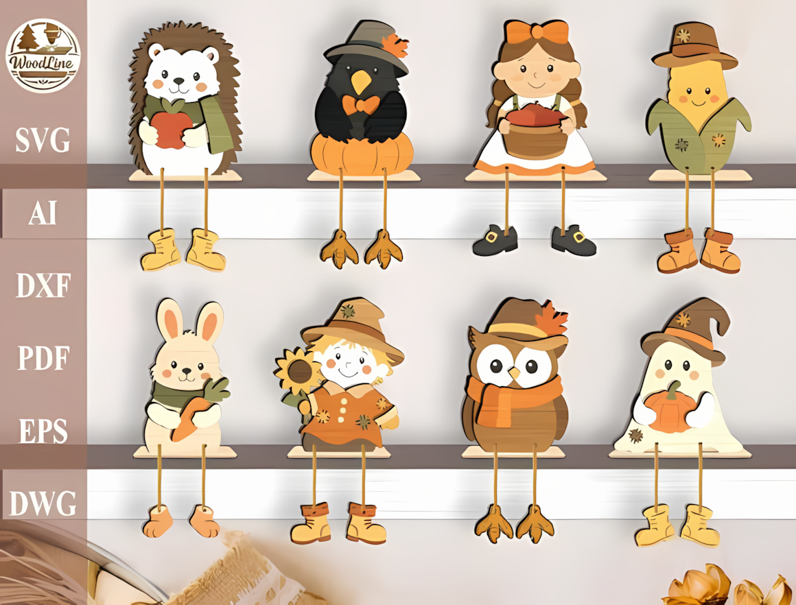 Jointed wooden fall figurine with legs dangling off shelf edges for playful seasonal styling
