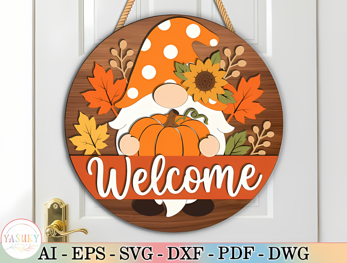 Wooden door sign with a fall gnome and sunflower created from a thanksgiving door hanger svg.