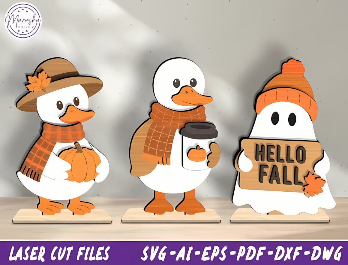 Playful dangling goose and pumpkin edge sitter engineered to sit on books or window sills