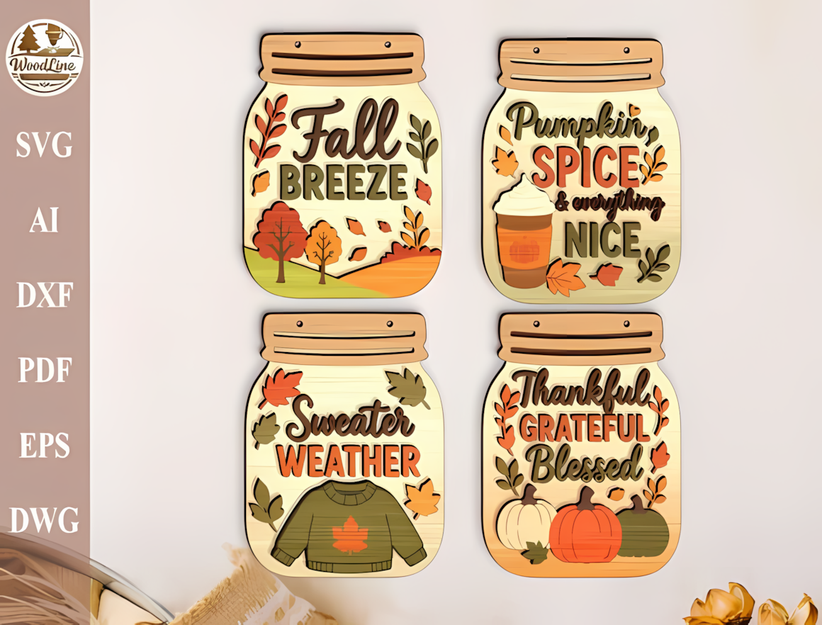 Decorative mason jar wall plaques created from a thanksgiving sign laser cut collection.