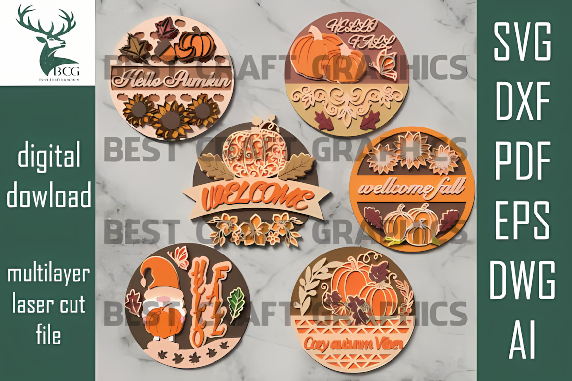 Harvest home decor featuring a thanksgiving round sign laser cut set with gnomes and sunflowers.