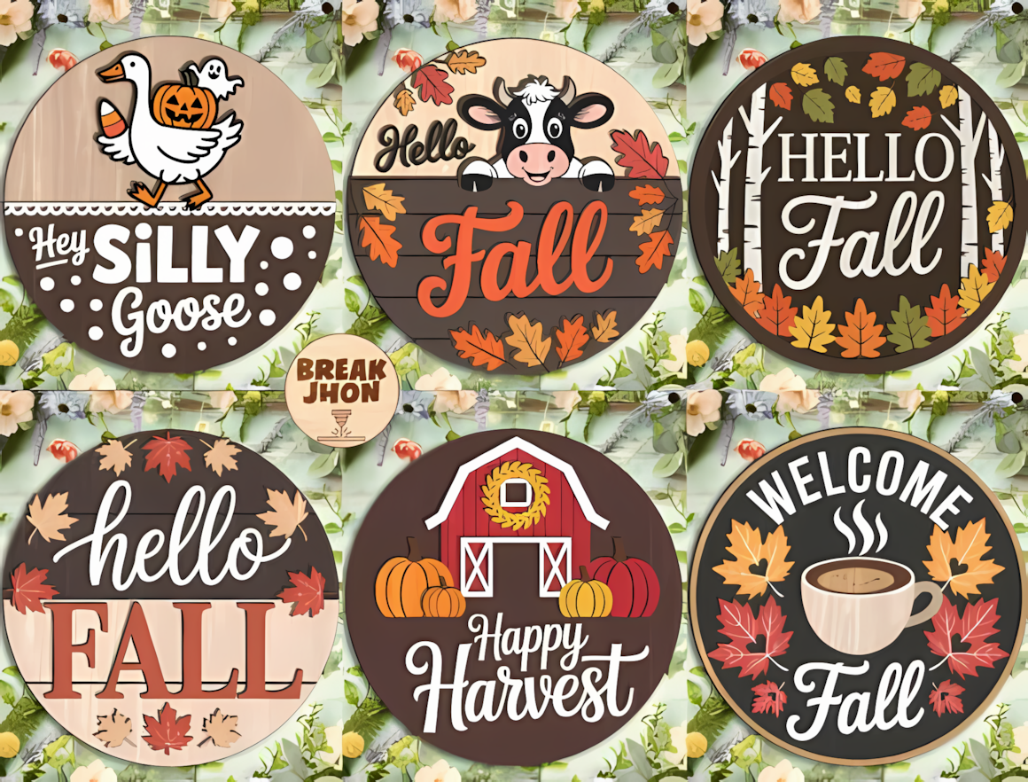 Circular autumn door hangers from a thanksgiving round sign laser cut collection with harvest quotes.