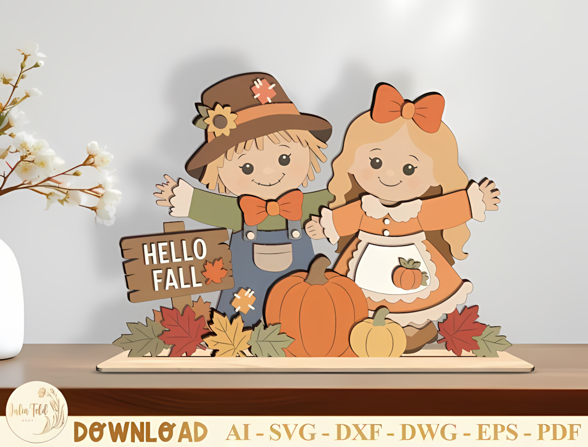 Layered scarecrow holding a Happy Harvest banner for autumn porch and kitchen shelf accents