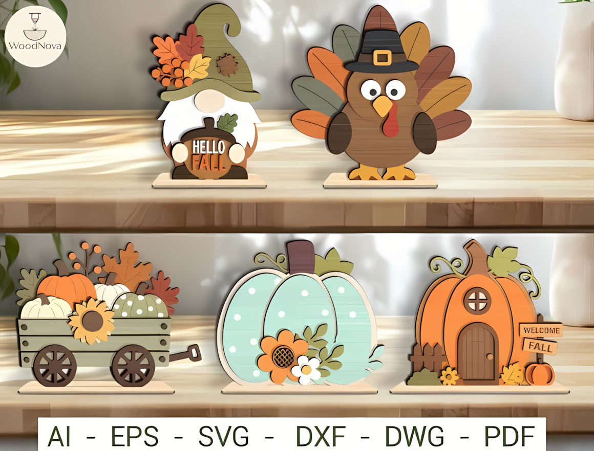 Harvest-themed standing sign bundle featuring cornstalks, turkeys, and pumpkins for laser craft sellers