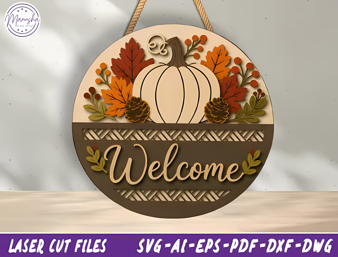 Rustic welcome sign with autumn branches based on a thanksgiving door hanger svg template.