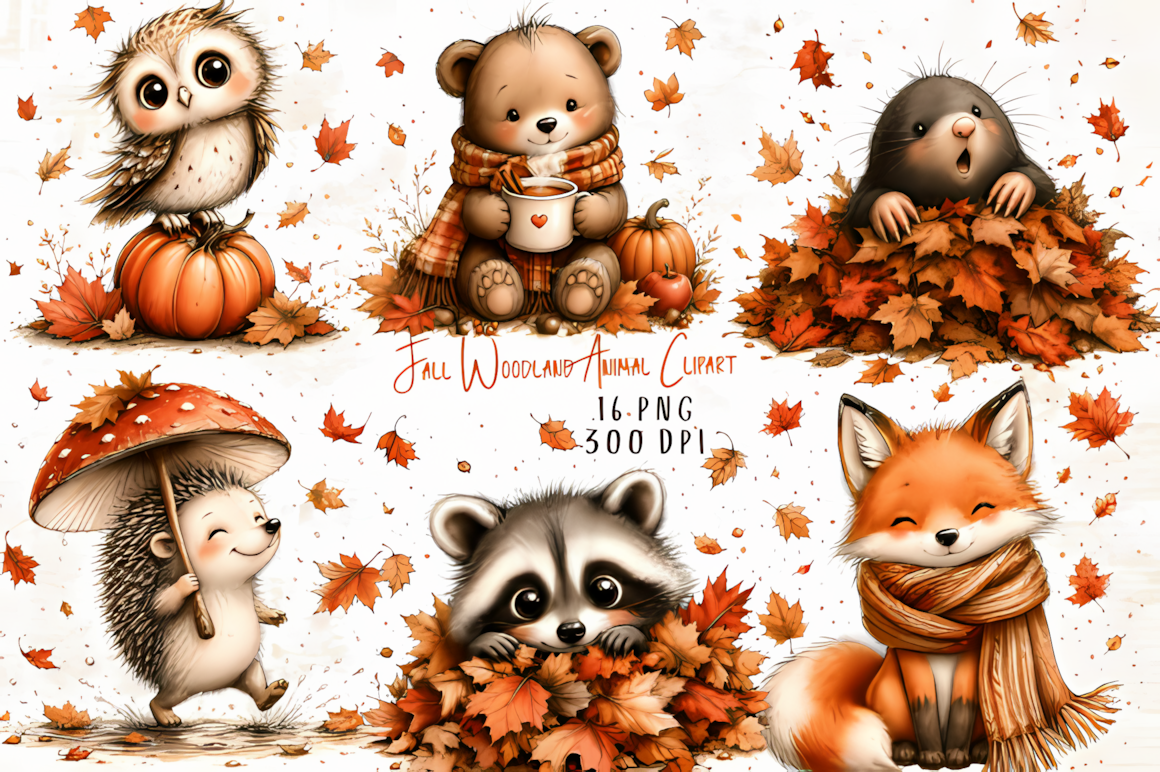 Cute fall woodland animal clipart set with watercolor forest creatures for autumn crafts and printables.
