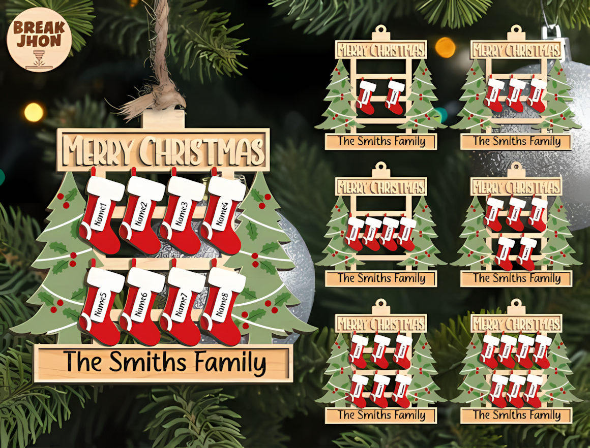 Family Christmas stockings ornament SVG for 3D layered laser cut tree hangers