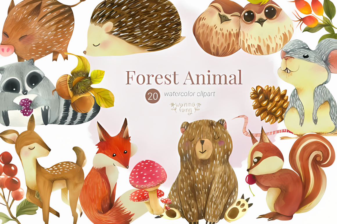Charming autumn woodland animals clipart forest set featuring cute watercolor creatures and oak leaves.