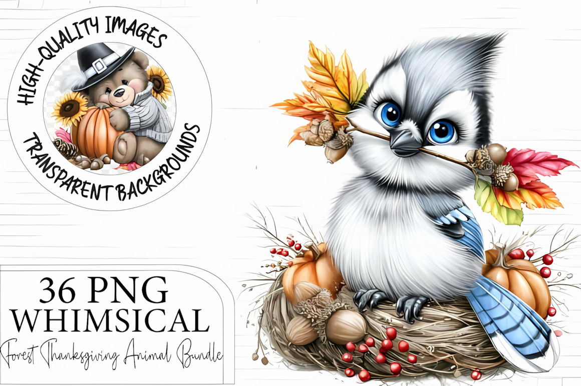 Cute woodland creatures with autumn leaves from a forest harvest thanksgiving clipart animals set.