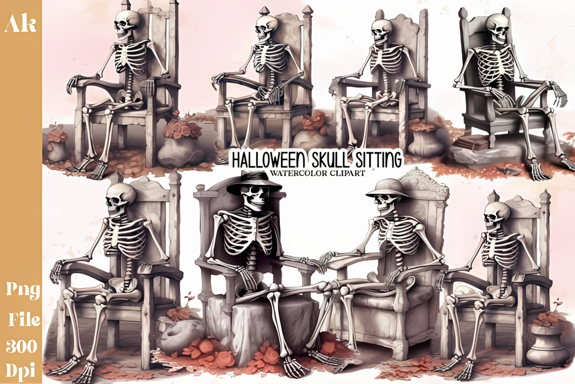 Spooky skeleton png sitting calmly for cozy autumn journal pages