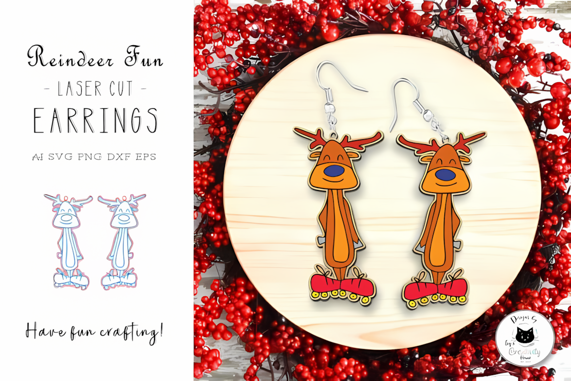 Funny reindeer laser cut christmas earrings design cut from wood with antler details
