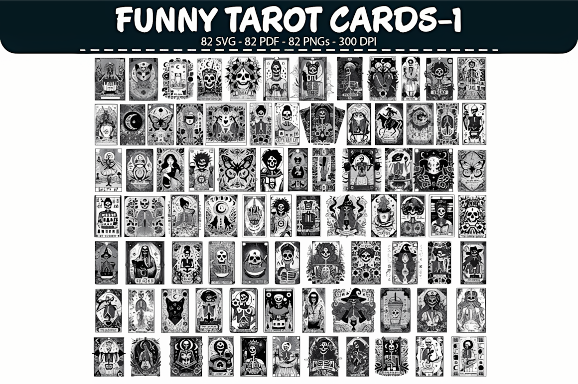 Funny tarot cards PNG bundle featuring 82 humorous character designs for merch