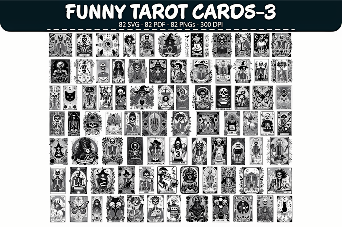 Funny Halloween tarot cards bundle including 82 unique designs for POD creators