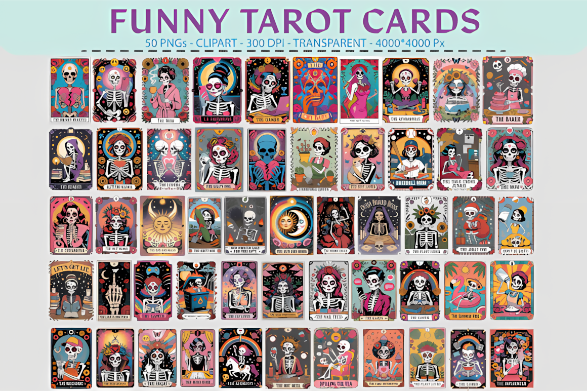 Funny tarot clipart bundle containing 50 humorous PNG designs for Halloween printables