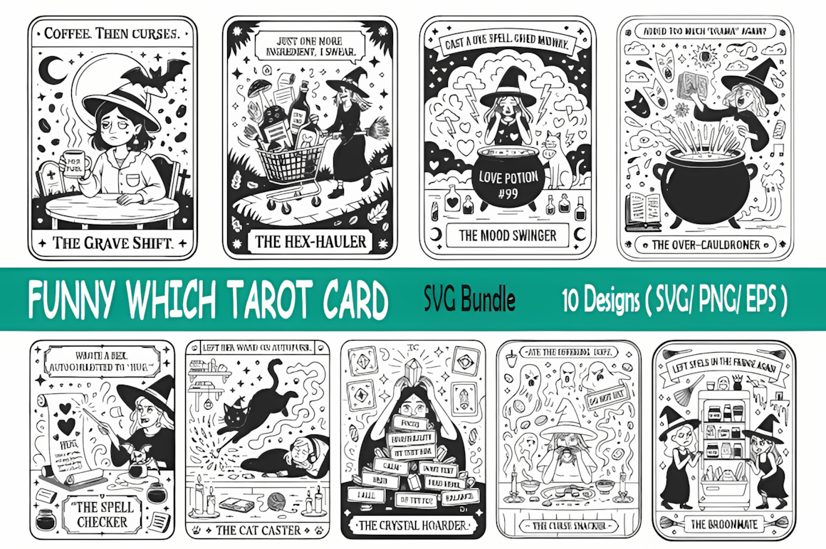 Funny witch tarot card SVG and PNG cut files for Cricut craft projects and decals
