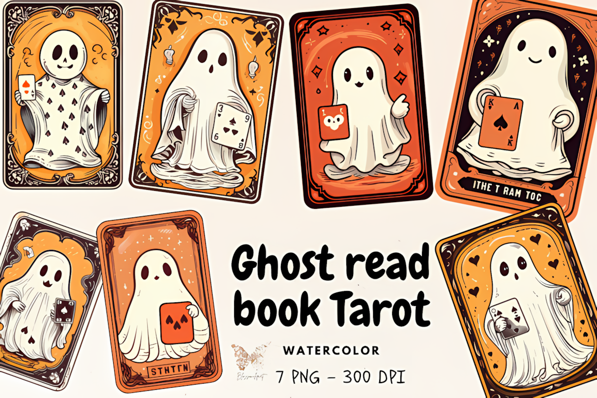 Ghost read book tarot PNG rendered in soft watercolor style for book lovers and crafters