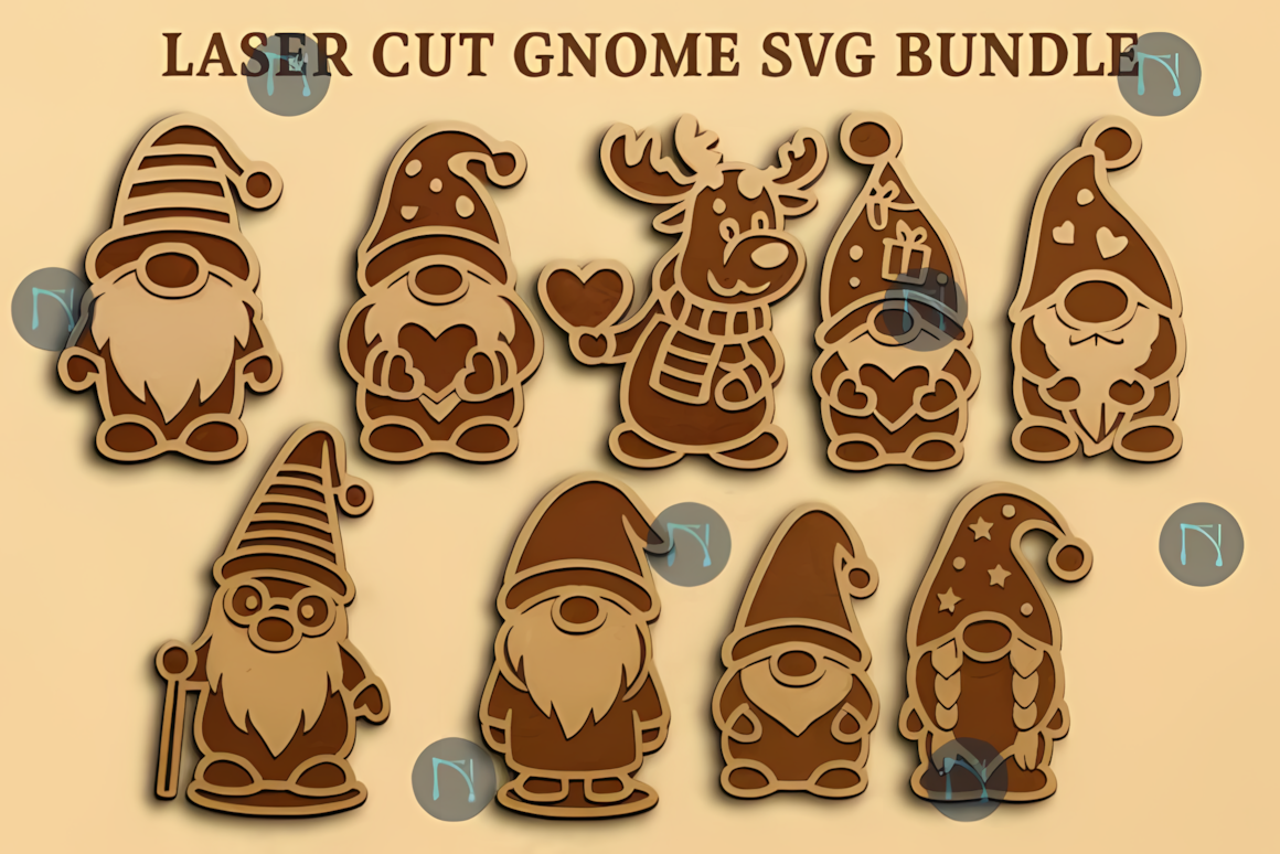 Gnome Christmas ornament SVG bundle with 3D laser cut festive holiday shapes