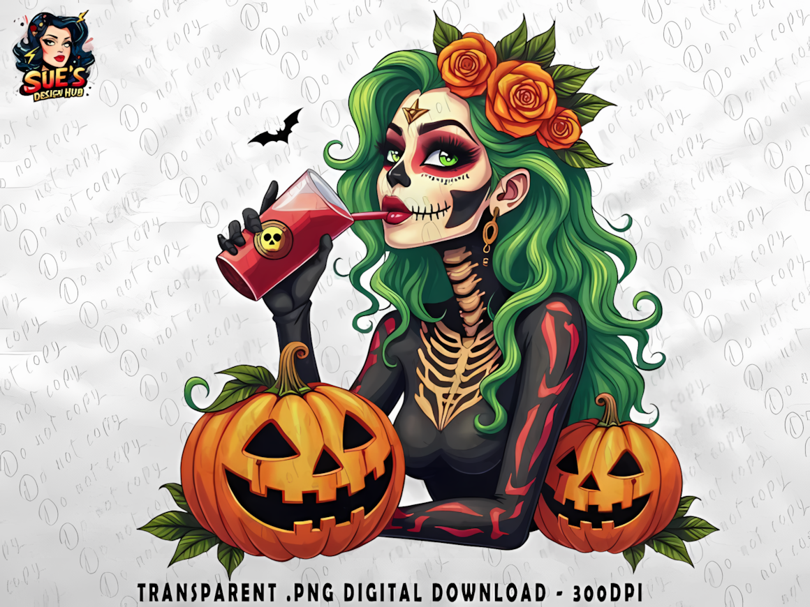 Gothic halloween skeleton clipart girl surrounded by dark orange pumpkins