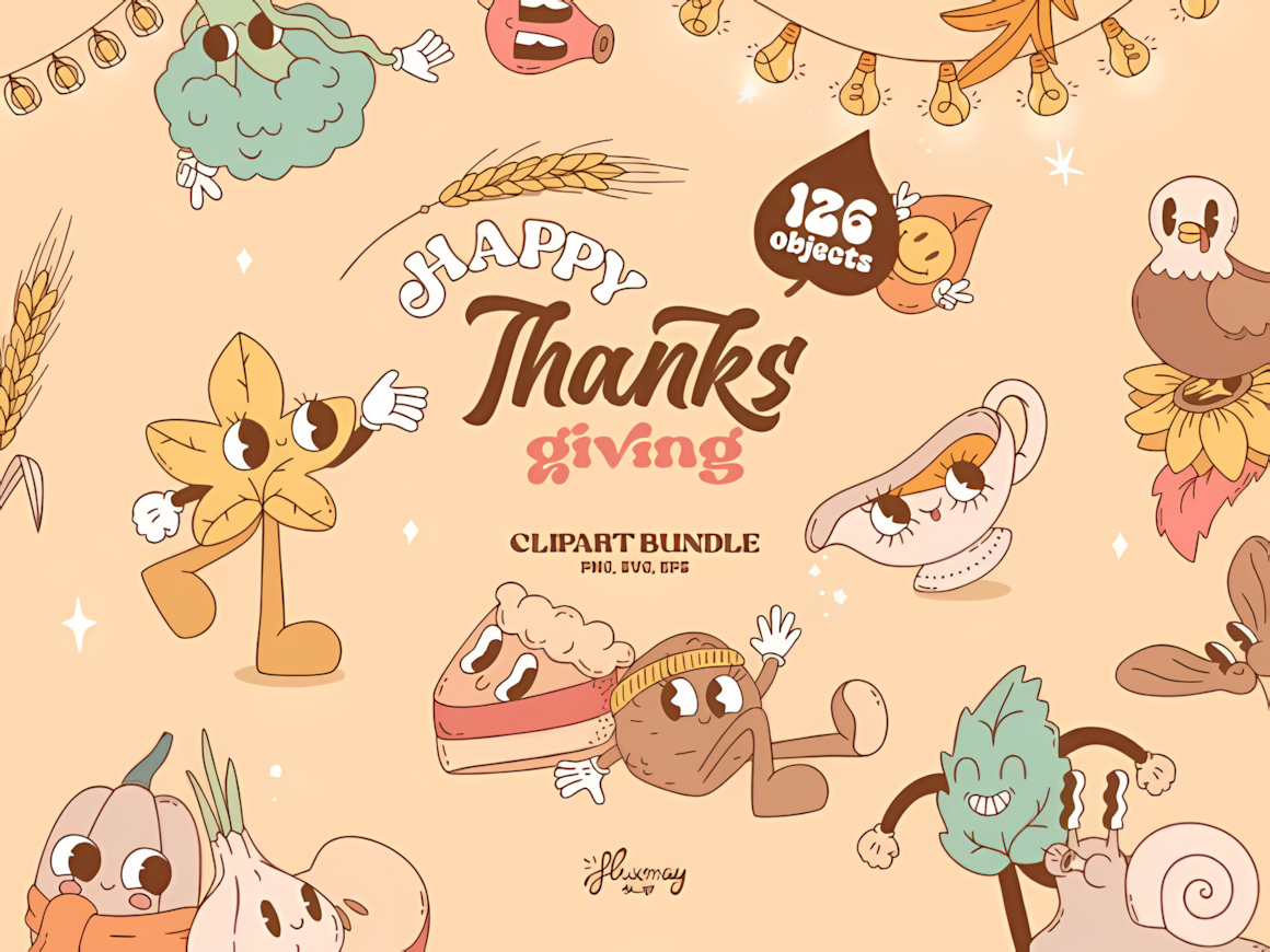 Cozy pumpkin, recipe, and coffee illustrations from a retro groovy thanksgiving png collection.