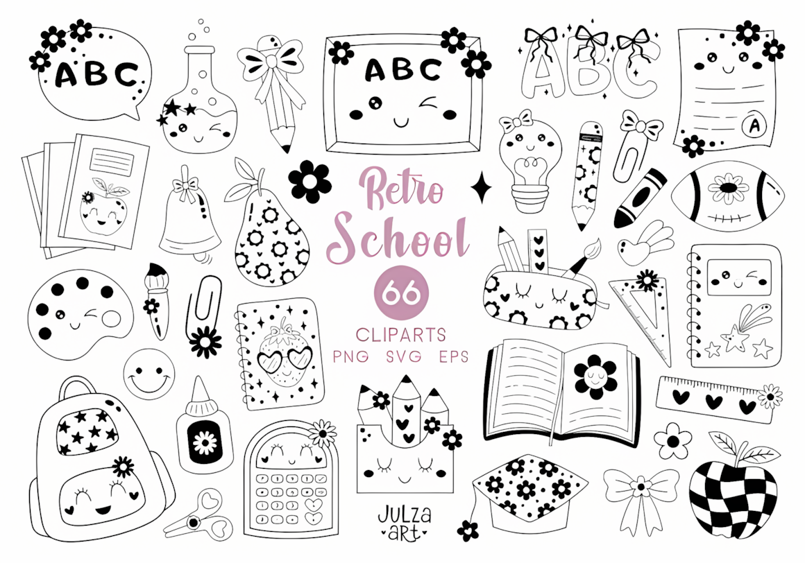 Groovy style back to school clipart set with retro color palette