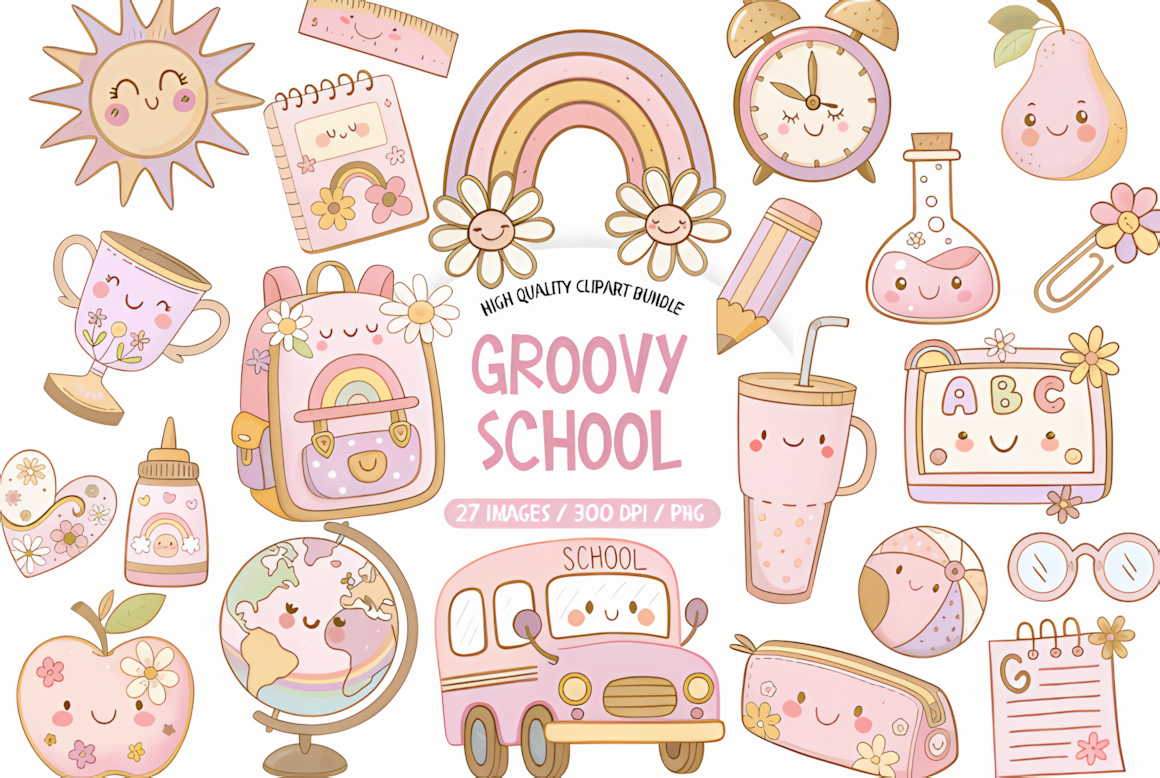 Groovy school clipart bundle featuring retro flowers and school icons