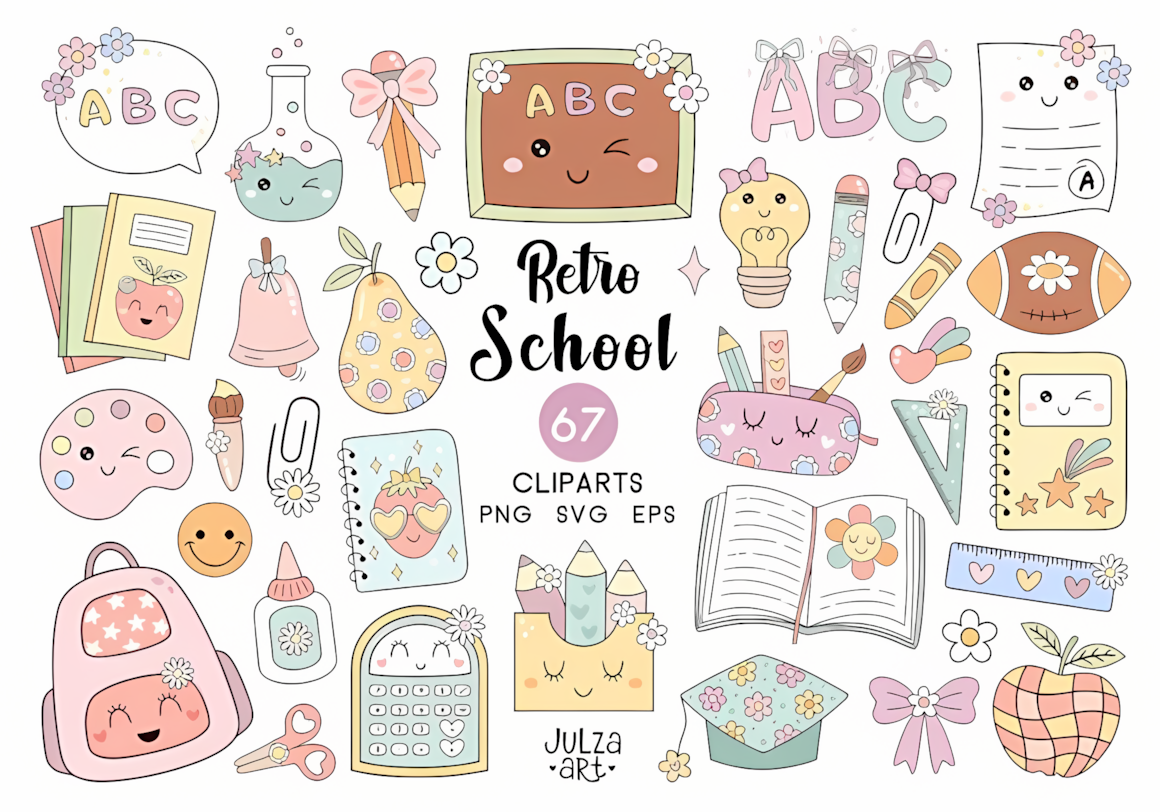 Groovy retro school supplies set with colorful stationery, books, and vector icons