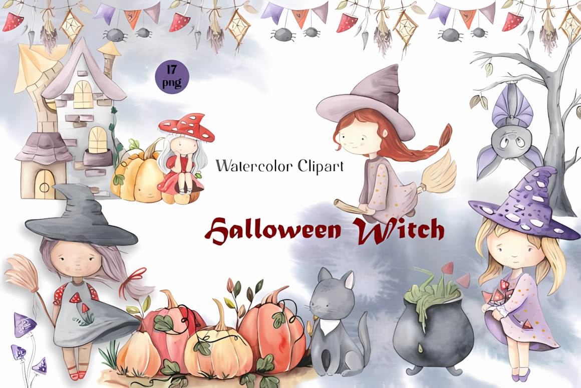 baby witch watercolor halloween clipart for sticker designs