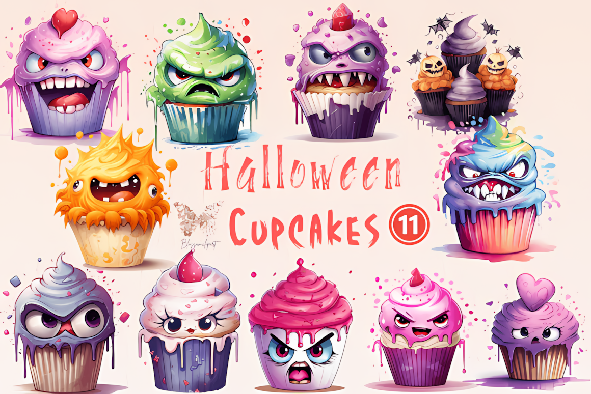 halloween cupcakes watercolor halloween clipart set