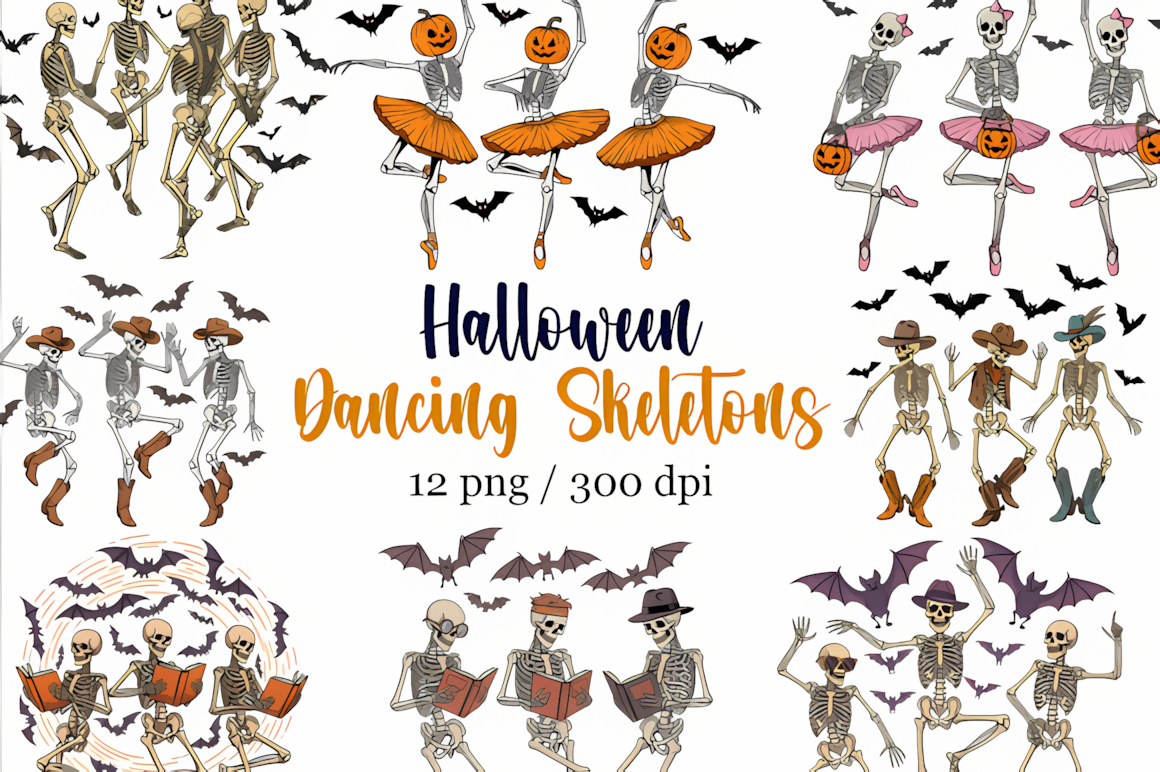 Spooky dancing skeleton png collection for party banner decorations