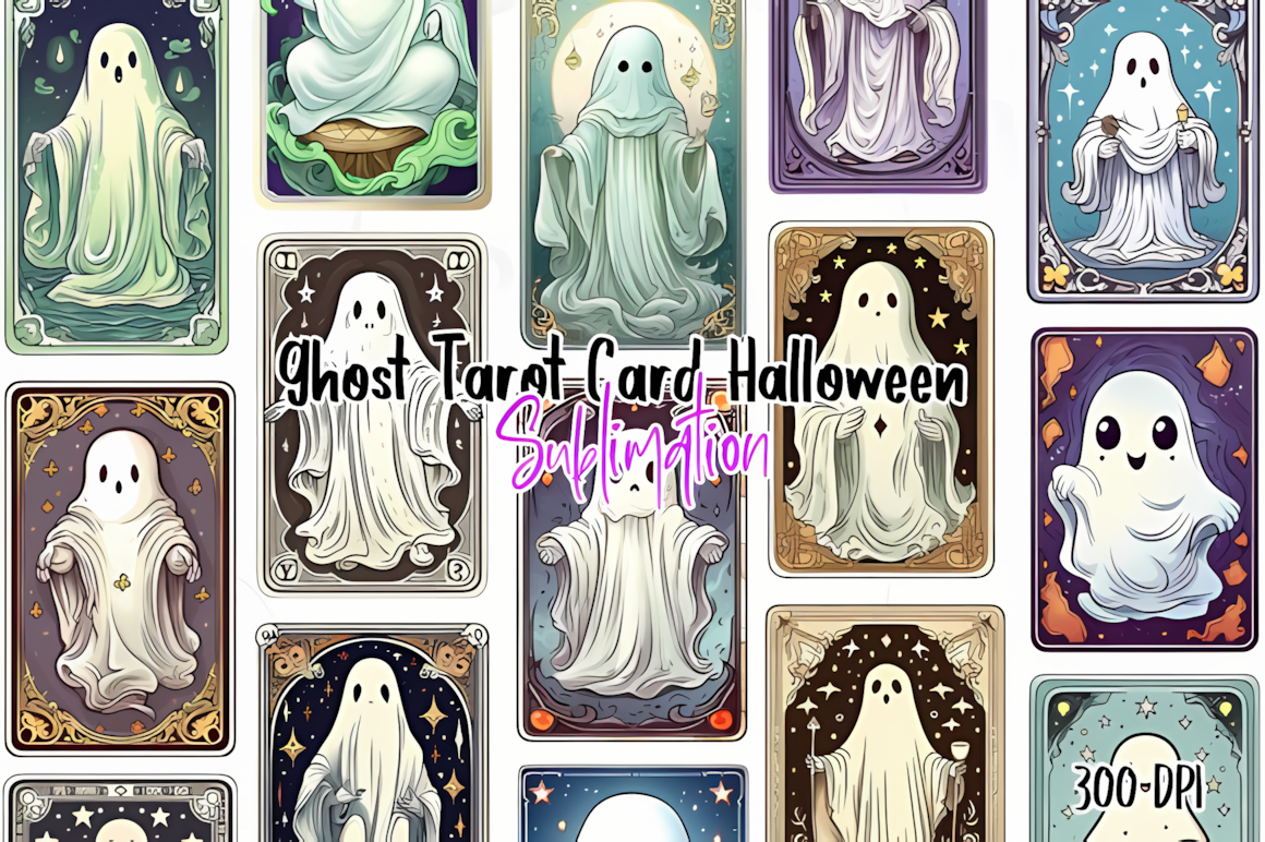 Halloween ghost tarot clipart featuring cute spectral figures holding mystical accessories