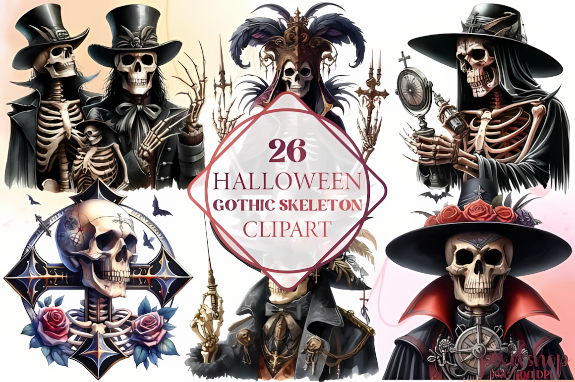 Gothic halloween skeleton clipart png with dark aesthetic elements