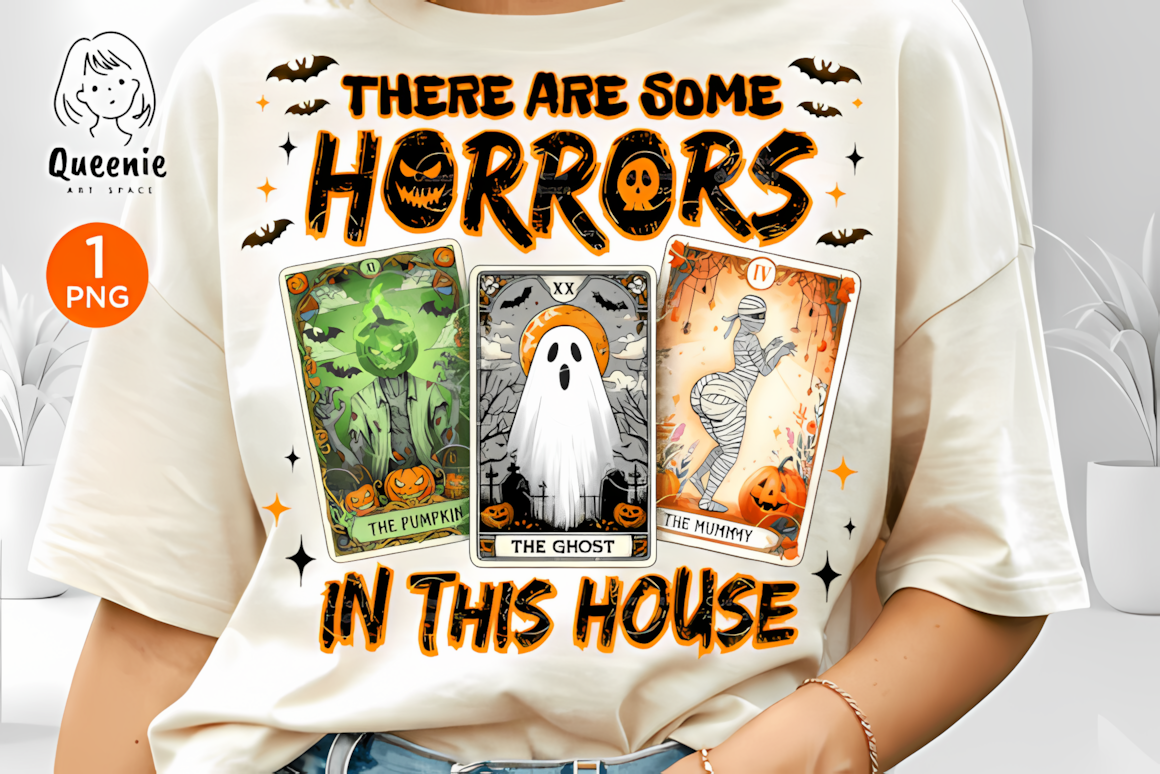 Horror in this house PNG tarot card graphic for Halloween home decor and wall art