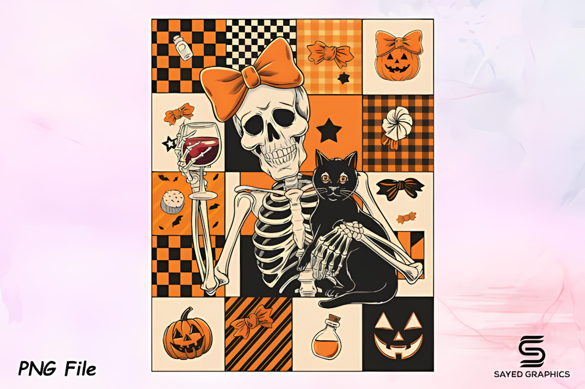 Cute halloween skeleton clipart coquette bow graphic for girly crafts
