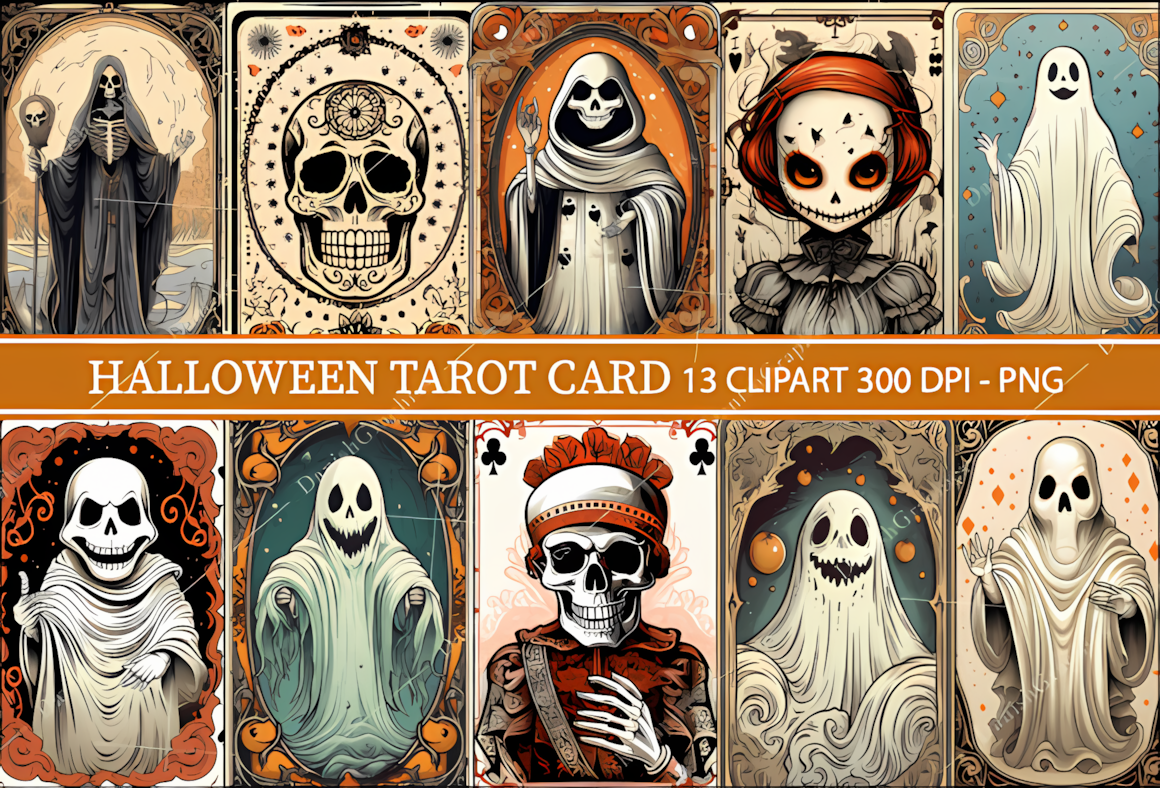 Halloween tarot card clipart pack filled with creepy witchy elements on transparent backgrounds