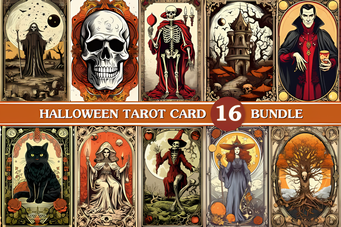 Halloween tarot card sublimation PNG collection with spooky major arcana character designs